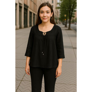 Lane Bryant Linen Blend Top Womens Size 14 16 Pullover 3/4 Sleeve Black Casual